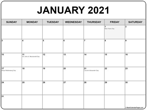 January 2021 Calendar With Holidays