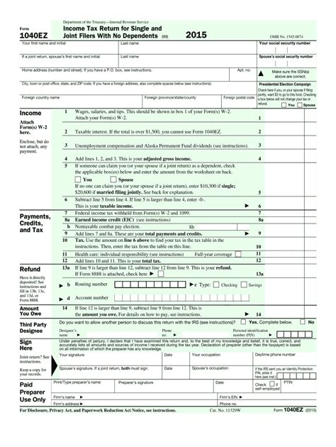 Estimated tax payments now reported on line 26. 2015 Form IRS 1040-EZ Fill Online, Printable, Fillable ...