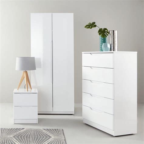 The pieces are a bed frame with a headboard, a nightstand, and a dresser or chest of drawers. Monaco High Gloss Children's Ready-Assembled Furniture in ...