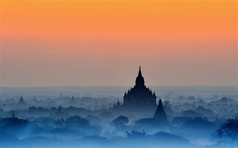 Nature Landscape Bagan Sunrise Temple Mist Blue Trees Amber