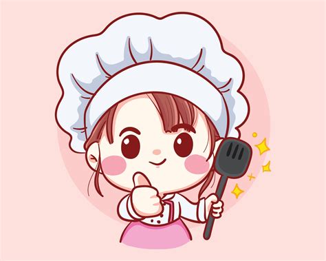 Professional Girl Chef With Ladle In Hands Bakery Cartoon Art