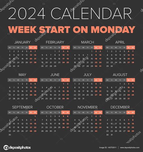Simple 2024 Year Calendar Stock Vector By ©123sasha 145753511