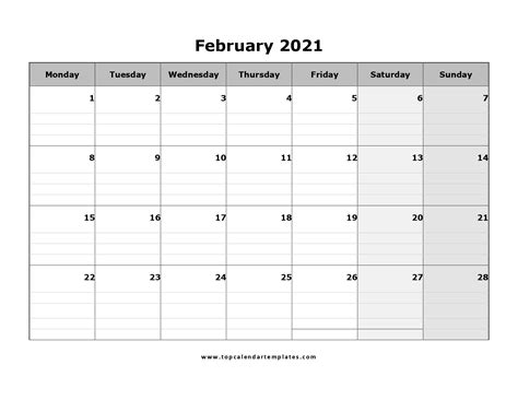 February 2021 Calendar Printable Monthly Template