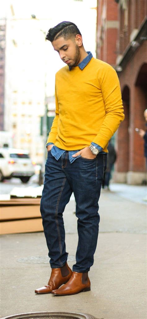 Denim Undershirt Mustard Yellow Sweater And Denim Jeans Outfit Yellow
