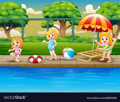 Cartoon Happy Girls Playing In Swimming Pool Vector Image