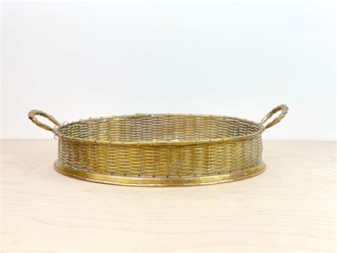 large vintage woven brass tray with handles etsy brass tray brass vintage