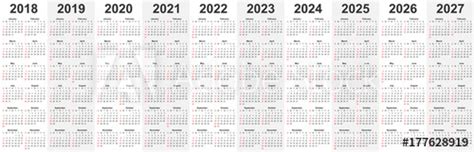 Calendar shown with monday as first day of week. "Calendar template set for 2018, 2019, 2020, 2021, 2022 ...