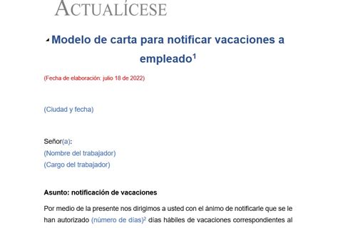 Modelo De Carta Para Notificar Vacaciones A Empleados Actualícese