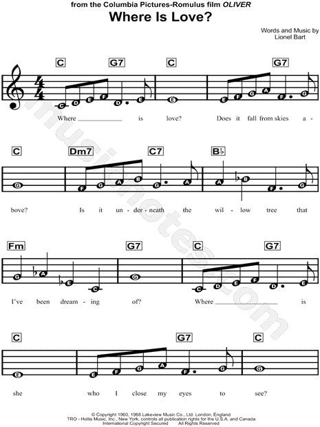 Where Is Love From Oliver Sheet Music For Beginners In C Major Download And Print Sku