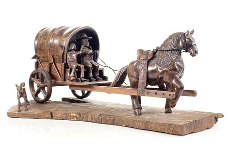 Lot Horse Drawn Covered Wagon Ironwood Carving