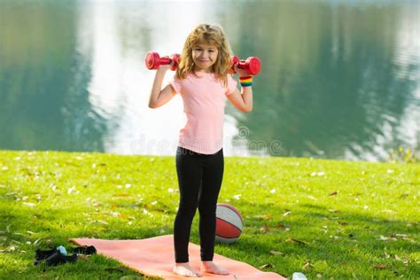 Sport Child With Strong Biceps Muscles Kids Exercising Fitness