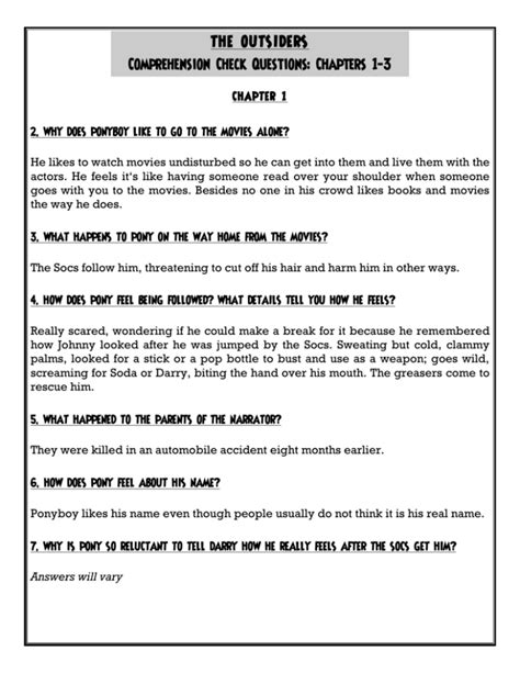 The Outsiders Comprehension Check Questions Chapters 1 3