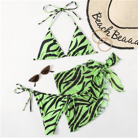 Green Leopard 3 Piece Bikini Set Women With Mesh Sarong Swimwear String Triangle Bikinis 2021