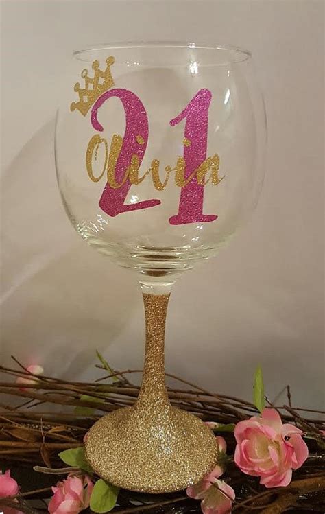 Personalized 21st Birthday Glitter Wine Glass By Pearfectpick Glitter Wine Glass Glitter Wine