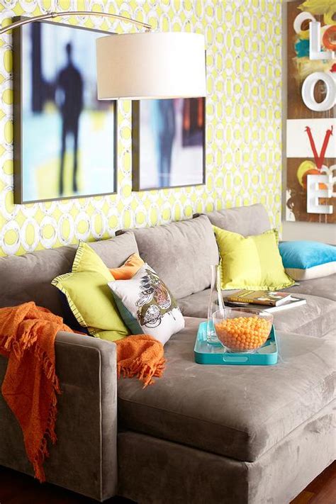 taupe velvet sofa  chaise lounge  yellow pillows