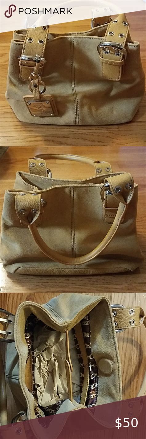 Tignanello Purse Women Leather Backpack Grey Suede Bag Brown