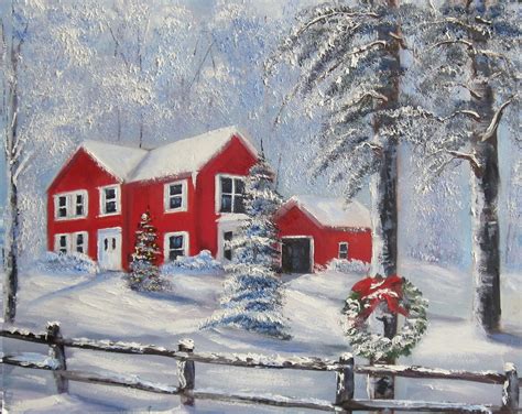 Painting Of A House At Christmas Time