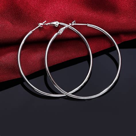 Women Silver Hoop Earrings Large Big Round Circle 925 Silver Hoops