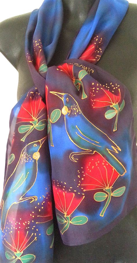 Tui And Pohutukawa Hand Painted Silk Scarf Kay Designs New Zealand