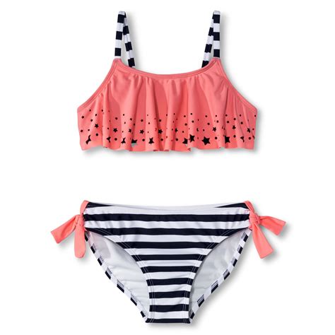 Girls' 2-Piece Star Bandeau and Striped Bottom Bikini Set - Coral M