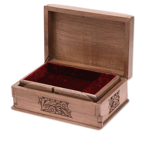 Unicef Market Handcrafted Indian Floral Walnut Carved Jewelry Box