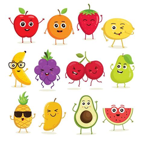 Vector Collection Of Cute Fruits Funny Fruit Characters Isolated On