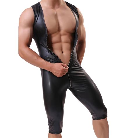 hot herren kunstleder overall reißverschluss catsuit ärmellos bodysuit clubwear ebay