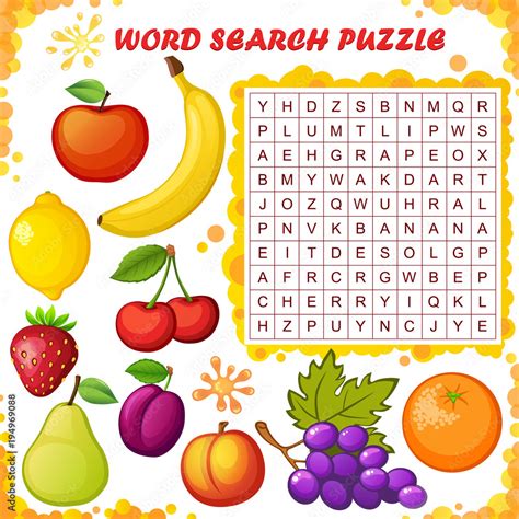 Word Search Puzzle Vector Education Game For Children Fruits Stock
