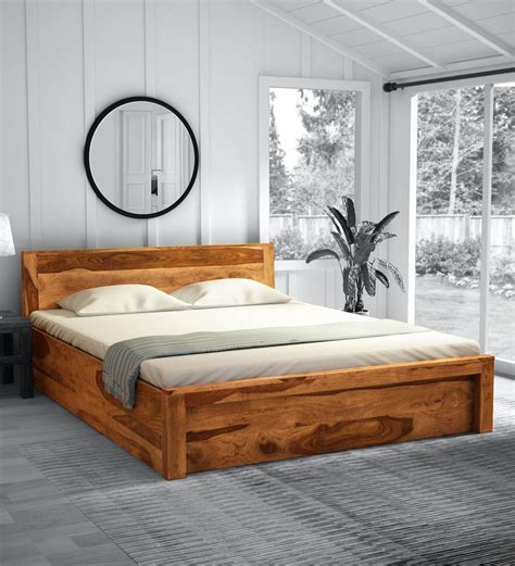 Buy Acropolis Solid Wood Queen Size Bed With Box Storage In Rustic Teak Finish By Woodsworth