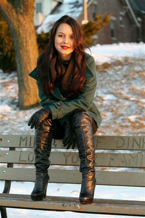 Black Leather Otk Boots Gloves Outfit On Park Bench Boots Thigh High