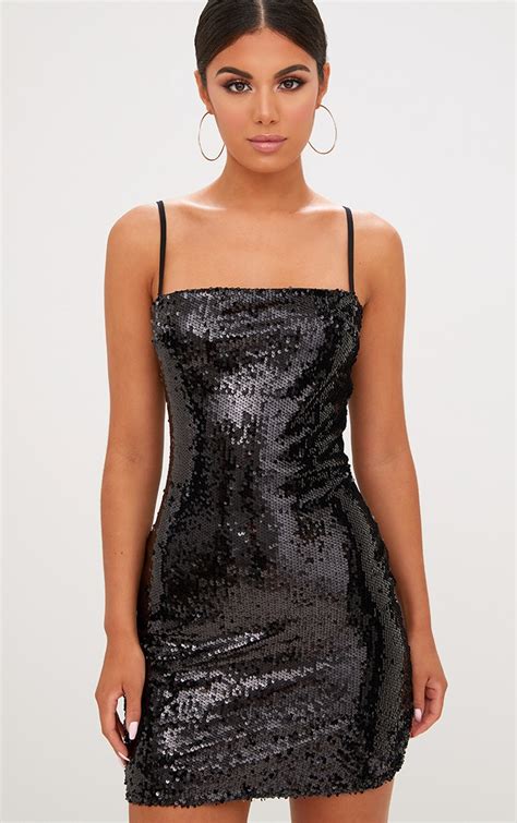 Black Square Neck Sequin Bodycon Dress Prettylittlething