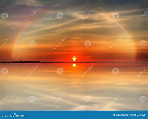 Rainbow Gold Orange Sunset Dramatic Cloudy Sky Lilac Pink Sea Water