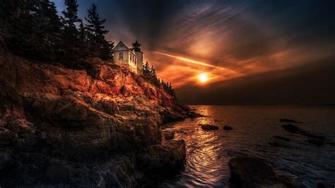 Nature Landscape Sunset Sea Coast Lighthouse Sky Halo Hdr