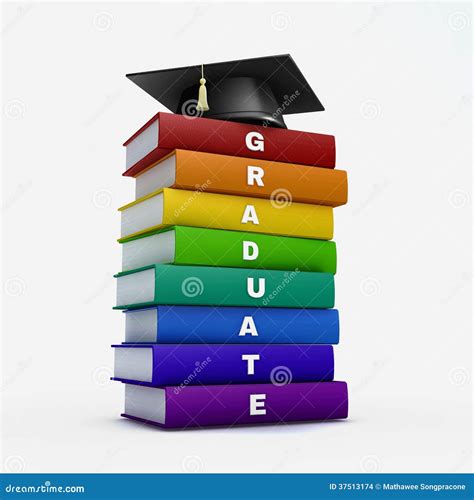 Mortar Board On Stack Of Rainbow Graduate Book Isolated On White Stock