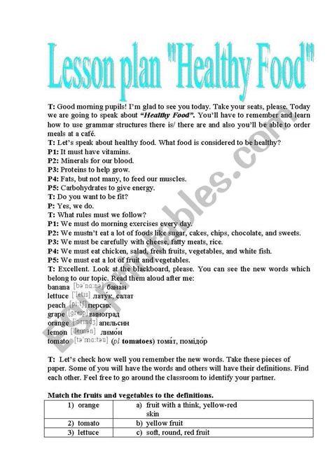 Lesson Plan Healthy Food Esl Worksheet By Sweet Tooth