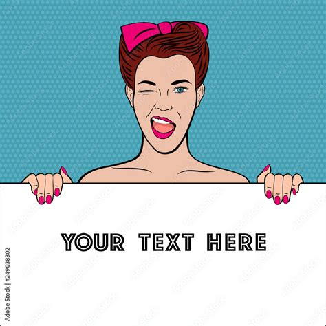 retro nude woman hide behind blank poster poster template vector illustration in pop art style