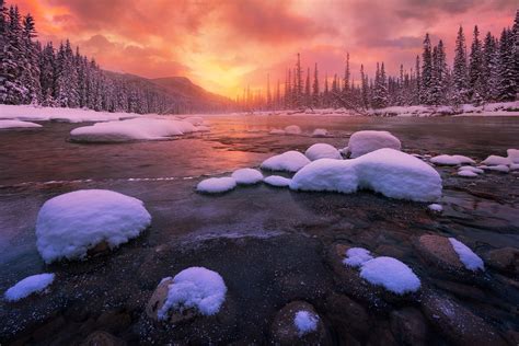 Nature Landscape Winter Sunrise Forest Snow River