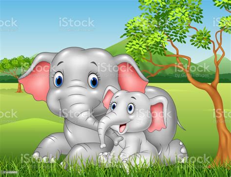 Cartoon Funny Mother And Baby Elephant On Jungle Background Stock