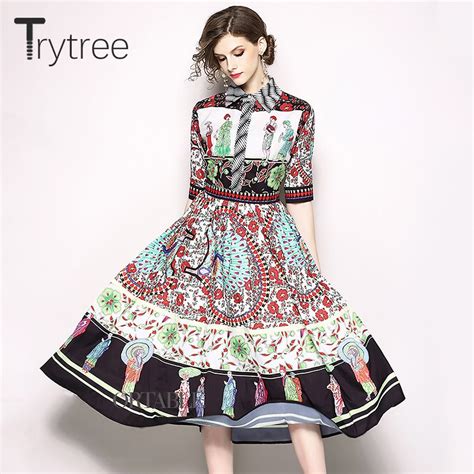 Trytree Summer Autumn Elegant Printing High Street Dress A Line Turn