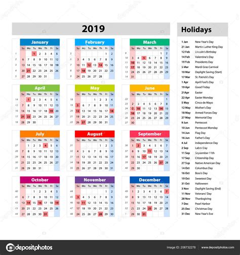 The above is the list of 2019 public holidays declared in malaysia which includes federal, regional government holidays and popular observances. Vector Public Holidays Usa Calendar 2019 Colorful Set Week ...