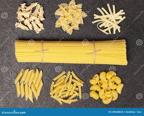 Spaghetti With Variety Of Types And Shapes Of Italian Pasta On Black