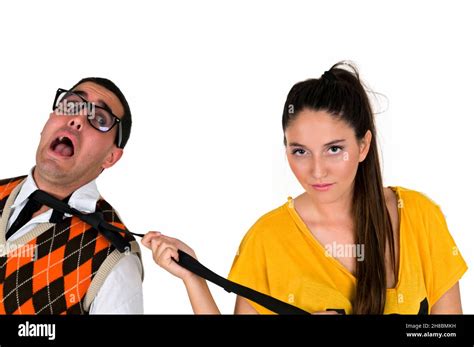Beauty And The Geek Geeky Man And Beautiful Woman Stock Photo Alamy