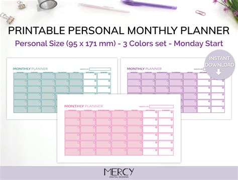 Printable Personal Monthly Planner Cute Set Mdd