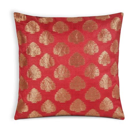 Decorative Throw Pillow Cover In Red And Gold Silk Desicrafts