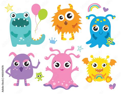 Cute Little Monsters Vector Illustration Furry Cute Alien Character