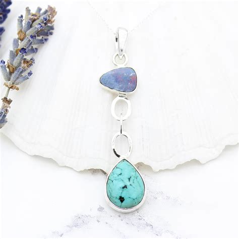 Opal And Tibetan Turquoise Gemstone Sterling Silver Pendant