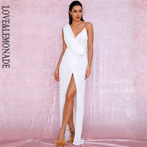 Loveandlemonade Sexy White Deep V Neck Whit Split Sequins Party Maxi Dress Lm81849dresses