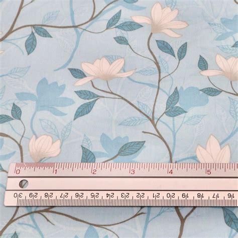 Floral Cotton Fabric White Flower On Light Blue Background Etsy