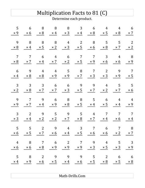Here are our multiplication facts worksheet generator for helping kids to learn and practice their multiplication and times tables facts. The Multiplication Facts to 81 (Facts 2 to 9; 100 per Page ...