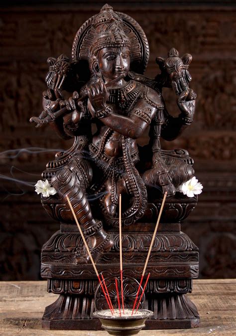 Sold Wooden Krishna Playing The Flute 24 97w2z Hindu Gods And Buddha